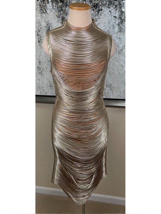 CULT GAIA Heidi Metallic Leather Draped Fringe Gold Midi Dress Size Medium - Picture 3 of 10